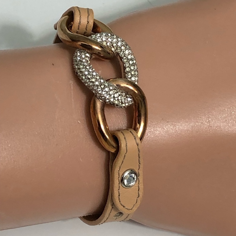 Swarovski Bound Leather Bracelet Micro-Pavè Chain Link Tan/Beige & Rose Gold